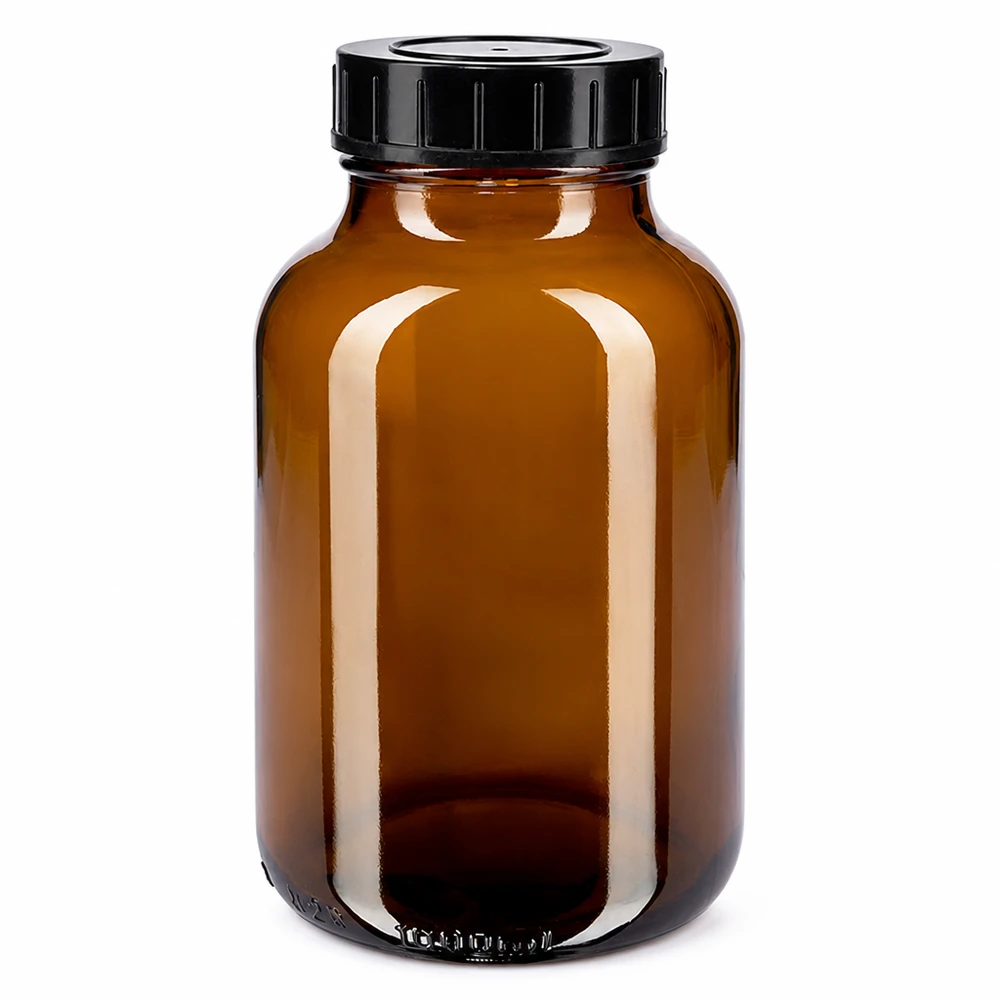 Garrafa de 1000ml com gargalo largo em vidro âmbar com tampa de rosca Garrafa de 1000 ml de gargalo largo em vidro âmbar com tampa de rosca preta para armazenamento