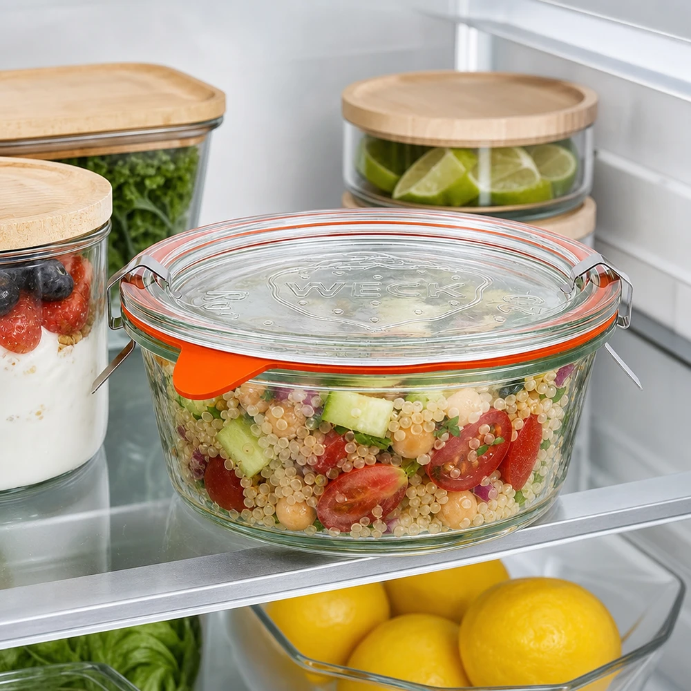 Frasco gourmet WECK 300ml RR120 no frigorífico com salada de quinoa, arrumação para preparação de refeições ao lado de outros frascos de arrumação