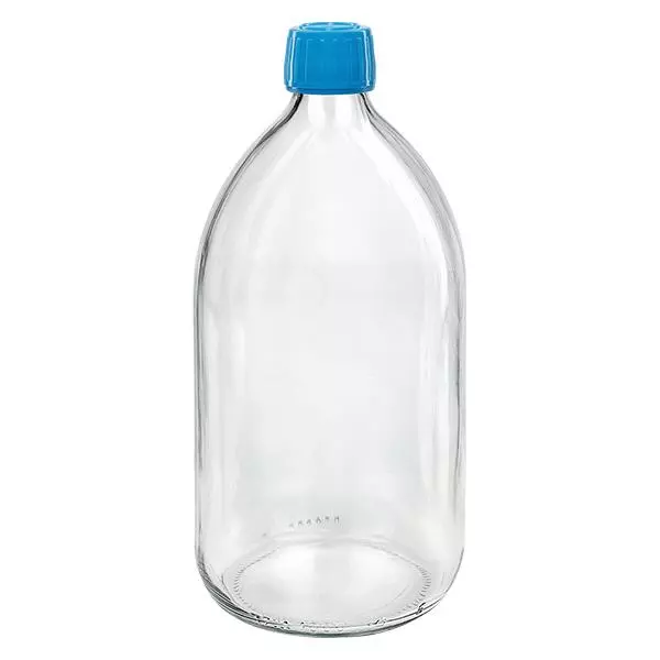 Frasco de medicamento de 1000ml transparente, tampa azul com anel inviolável ApoGlas Frasco de medicamento de 1000ml transparente, tampa azul com anel inviolável ApoGlas