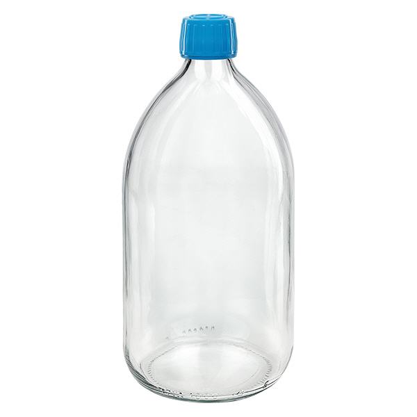 Frasco de medicamento de 1000ml transparente, tampa azul com anel inviolável ApoGlas