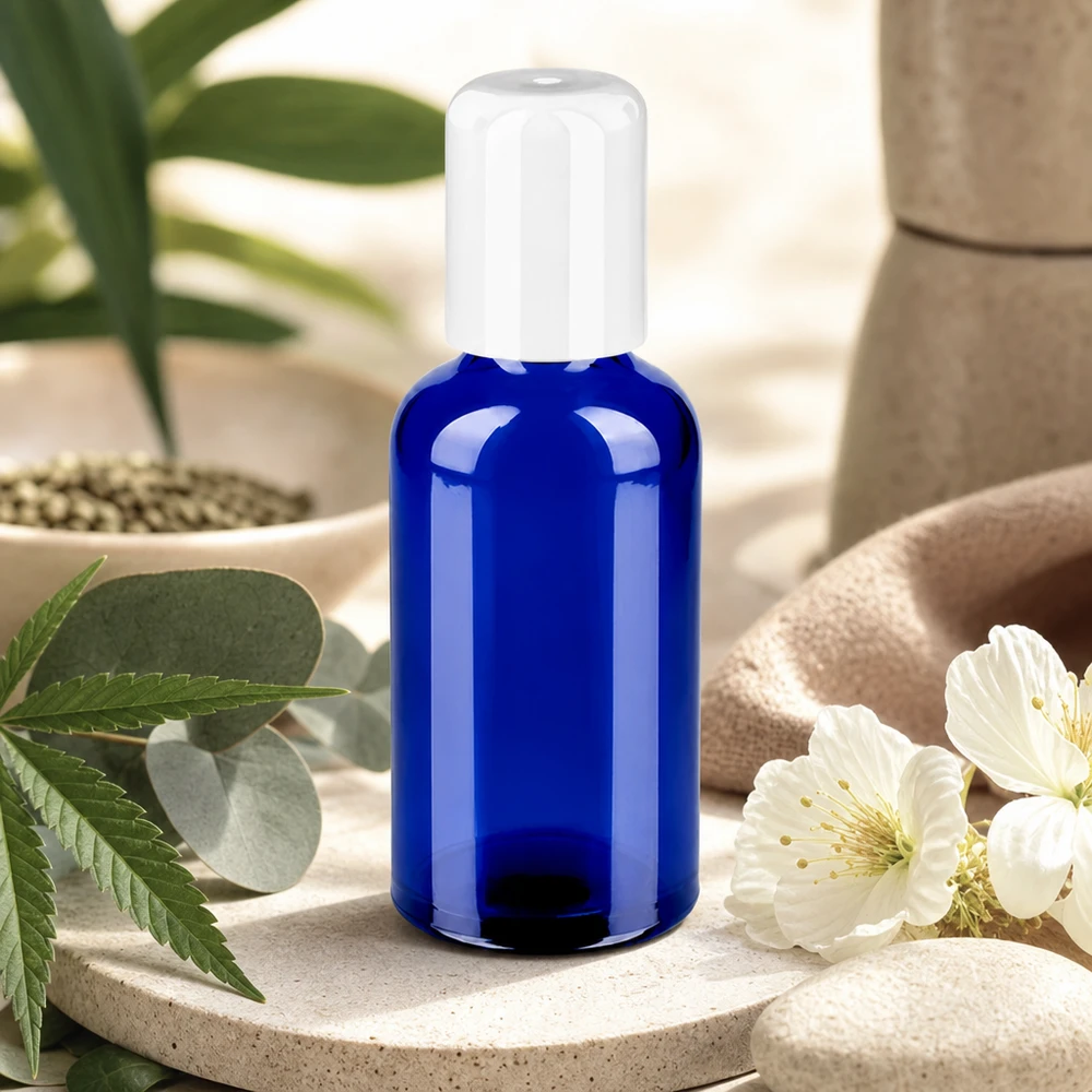 Frasco de vidro azul-cobalto de 50 ml com tampa branca de enrolar para cosméticos DIY e cosméticos naturais