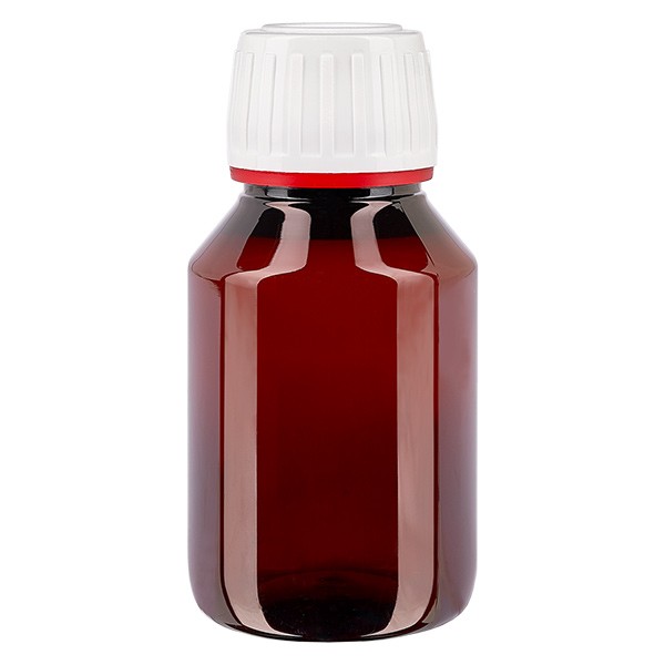 Frasco PET 50ml com tampa inviolável branca/vermelha Frasco PET 50ml com tampa inviolável branca/vermelha