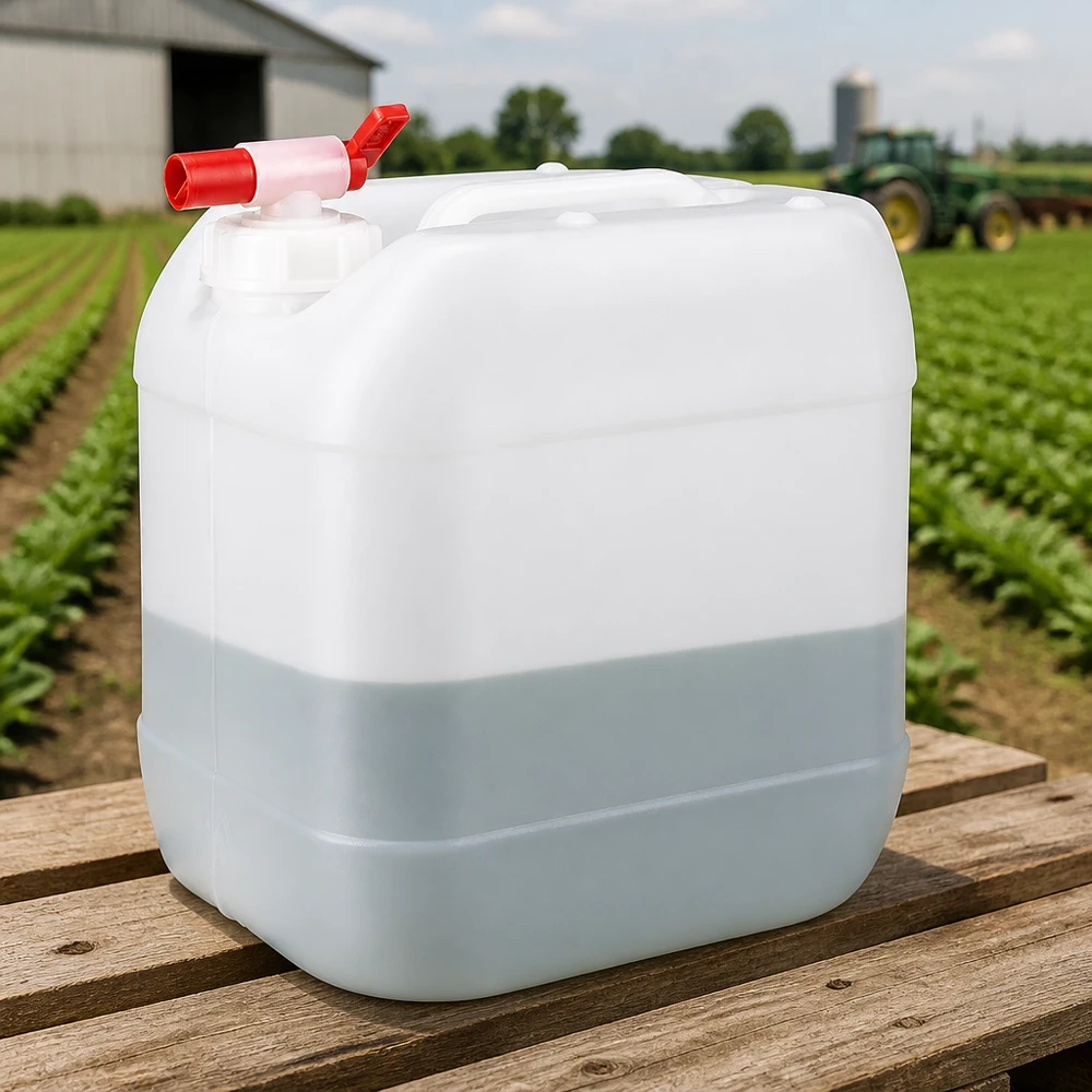 Bidão transparente de 15 litros com torneira vermelha sobre um palete de madeira em frente a uma exploração agrícola