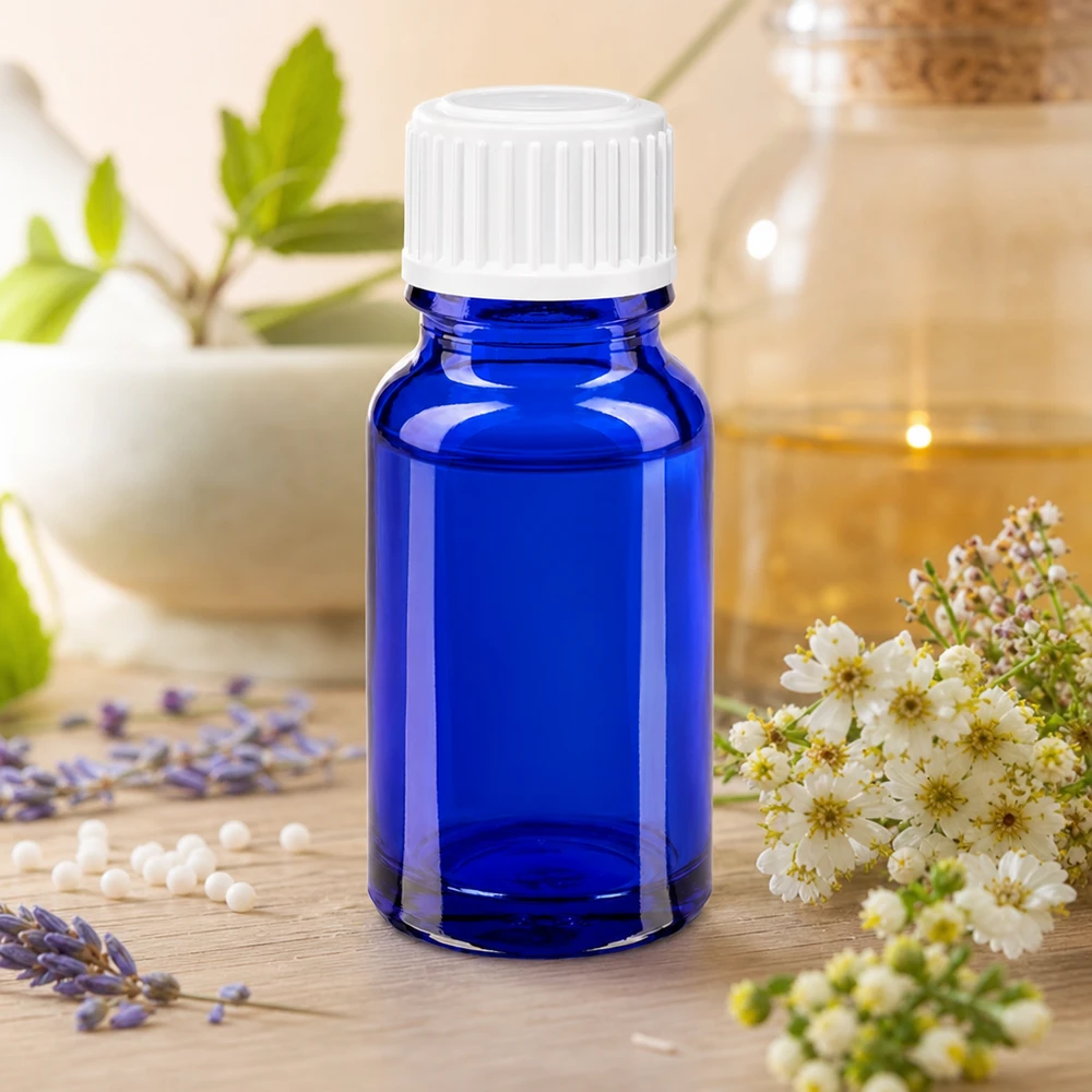 Frasco de vidro azul de 10 ml para homeopatia, com tampa branca, ao lado de lavanda e ervas medicinais