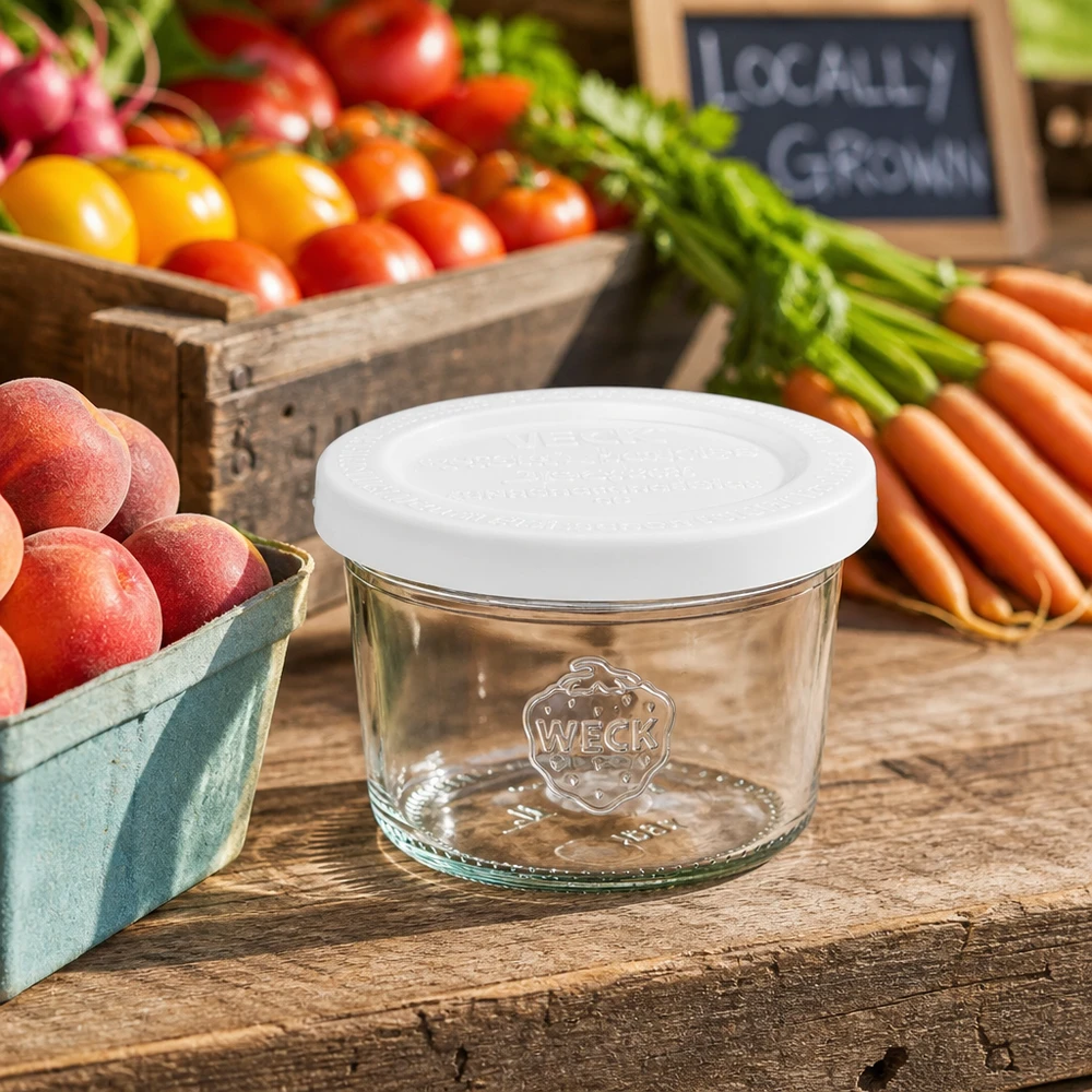 Copos WECK RR60 de 80 ml com tampa fresca entre legumes e frutas frescas numa mesa de madeira rústica para uma arrumação natural.