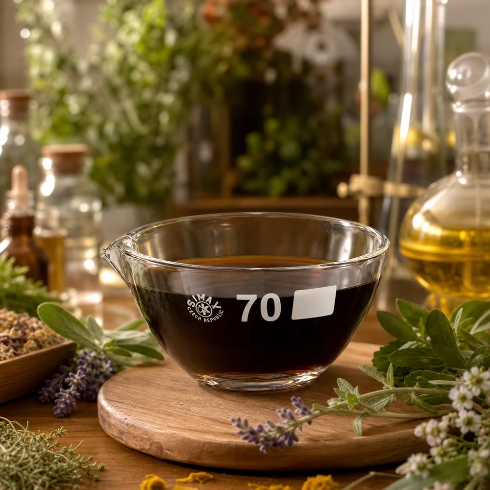 Prato de evaporação de 60ml com bico em borosilicato ø70mm Prato de evaporação pequeno de 60 ml com bico de ø70 mm em vidro borossilicato robusto para utilização em laboratório