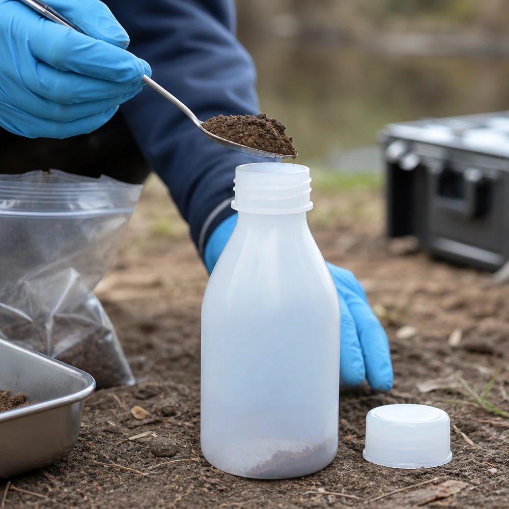 A amostra de solo é colocada, com uma colher de metal, num frasco de gargalo estreito com tampa de rosca de 100 ml, para análise ambiental