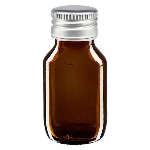 Frasco para medicamentos de 50 ml castanho, com tampa de alumínio prateada ApoGlas Frasco para medicamentos de 50 ml castanho, com tampa de alumínio prateada ApoGlas