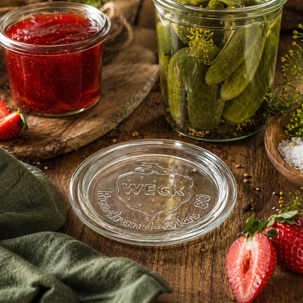 Tampa de frasco WECK RR80 numa cena natural de cozinha com frascos de conserva de pickles e compota sobre uma mesa de madeira