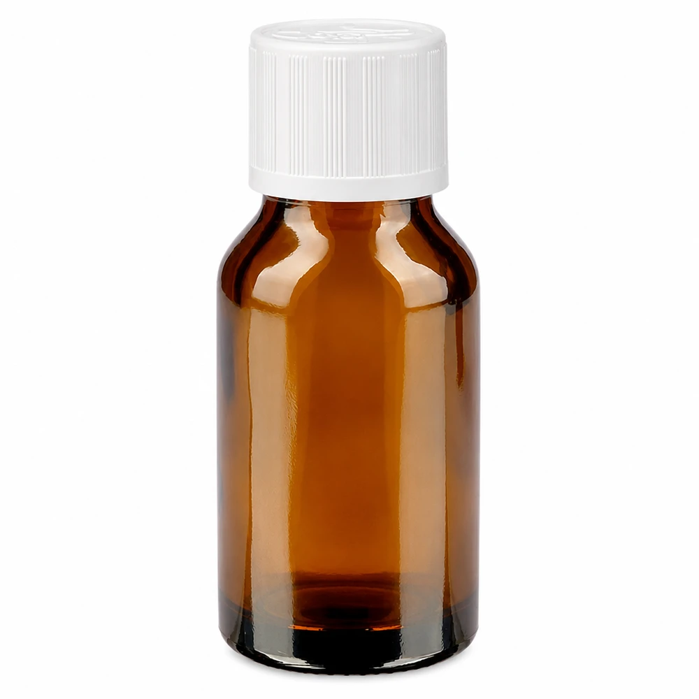 Frasco de farmácia castanho de 30 ml com tampa de segurança para crianças branca, em vidro castanho de alta qualidade
