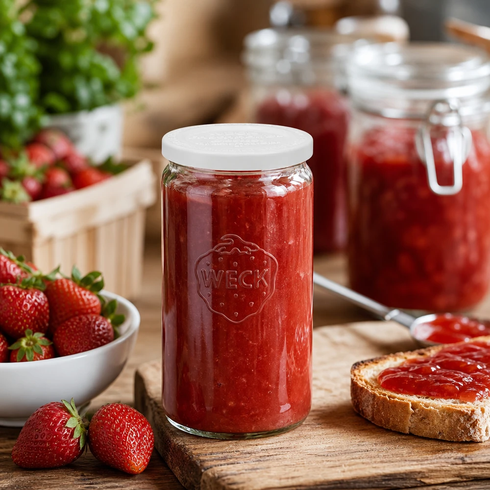 Frasco cilíndrico WECK de 340 ml cheio de compota de morango numa cozinha rústica com morangos frescos e pão