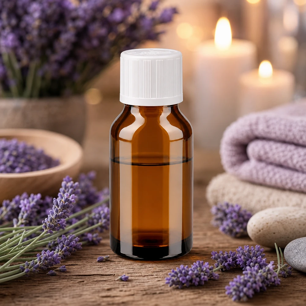 Óleo de lavanda, acondicionado num frasco castanho de farmácia de 15 ml com tampa branca com segurança para crianças