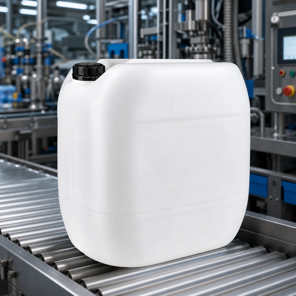 Bidão de 30 litros com tampa de rosca com fecho inviolável Bidão industrial de 30 litros, branco, com tampa original preta, na correia transportadora