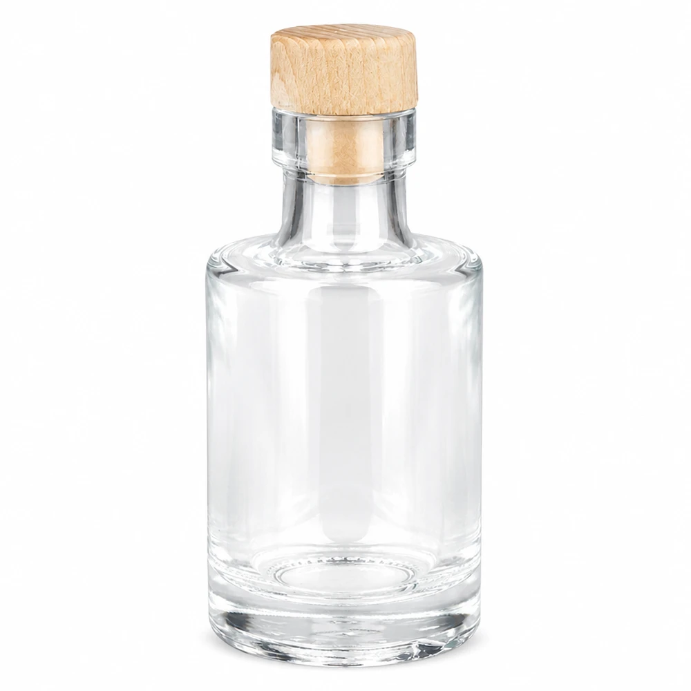 Garrafa de vidro de 100 ml Marie com pega de madeira e rolha UNiTWIST vazia transparente de forma redonda Fotografia do produto sobre fundo branco