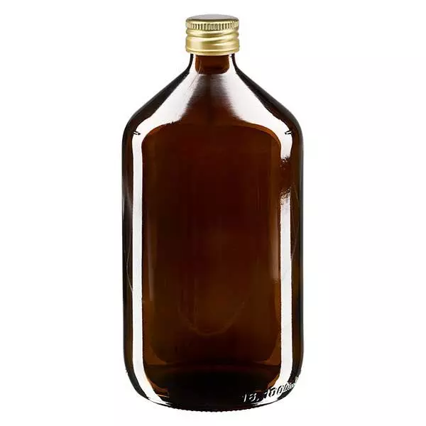 Frasco para medicamentos de 1000ml castanho, com tampa de alumínio dourada ApoGlas Frasco para medicamentos de 1000ml castanho, com tampa de alumínio dourada ApoGlas