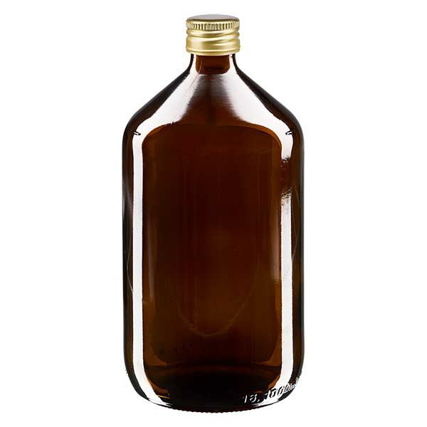 Frasco para medicamentos de 1000ml castanho, com tampa de alumínio dourada ApoGlas Frasco para medicamentos de 1000ml castanho, com tampa de alumínio dourada ApoGlas