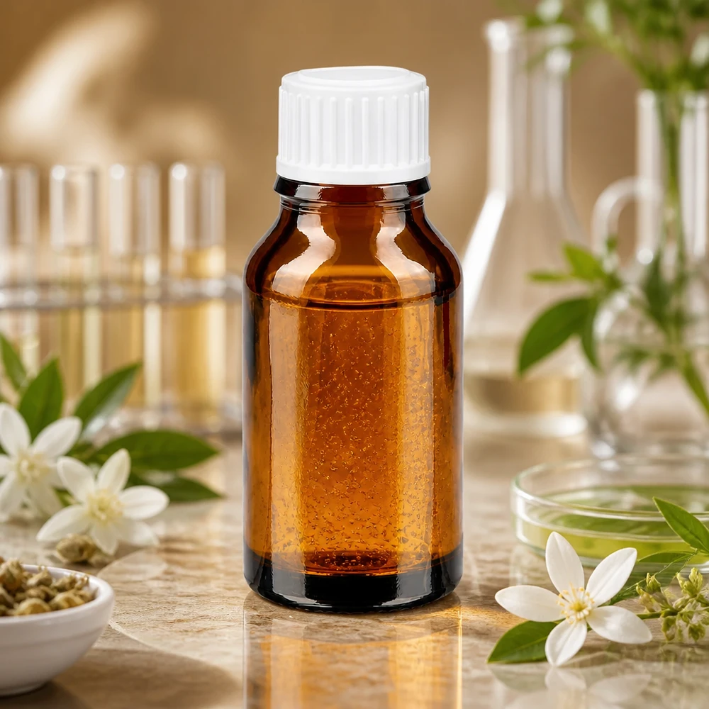 Frasco de farmácia castanho 15ml tampa de rosca branca standard Garrafa de vidro cor de âmbar de 15 ml com tampa de rosca branca, entre flores de jasmim e instrumentos de laboratório