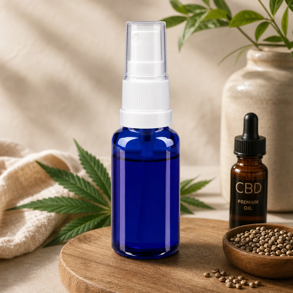 Frasco de farmácia azul 20ml spray acessório branco Frasco de vidro azul com pulverizador STD de 20 ml com pulverizador branco, ao lado de óleo de CBD e de uma folha de cânhamo
