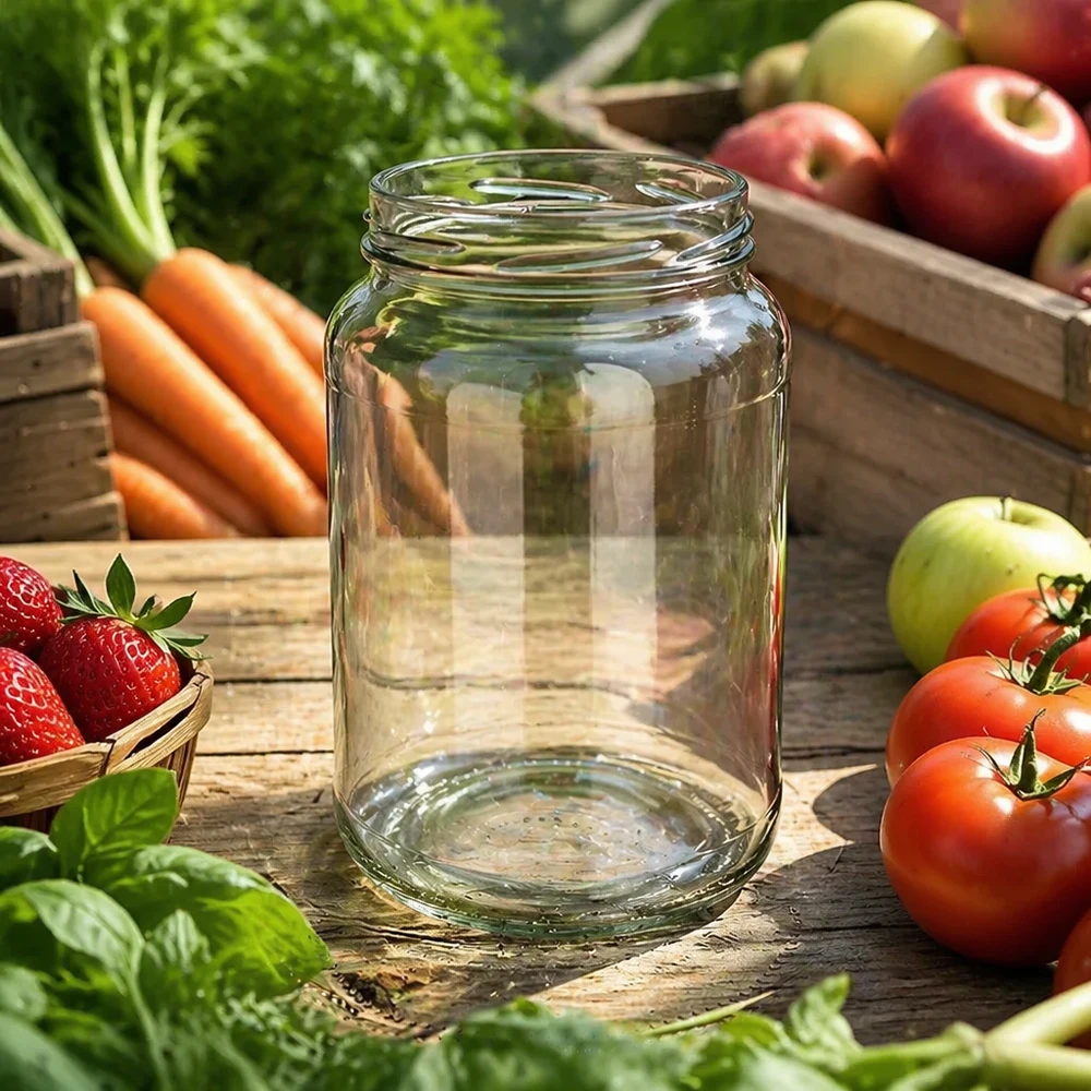 Frasco redondo de 1700ml sem tampa (TO100) UNiTWIST UNiTWIST Runda1700 copos 1700ml TO100 vazios entre legumes frescos fruta mesa de madeira conservação natural