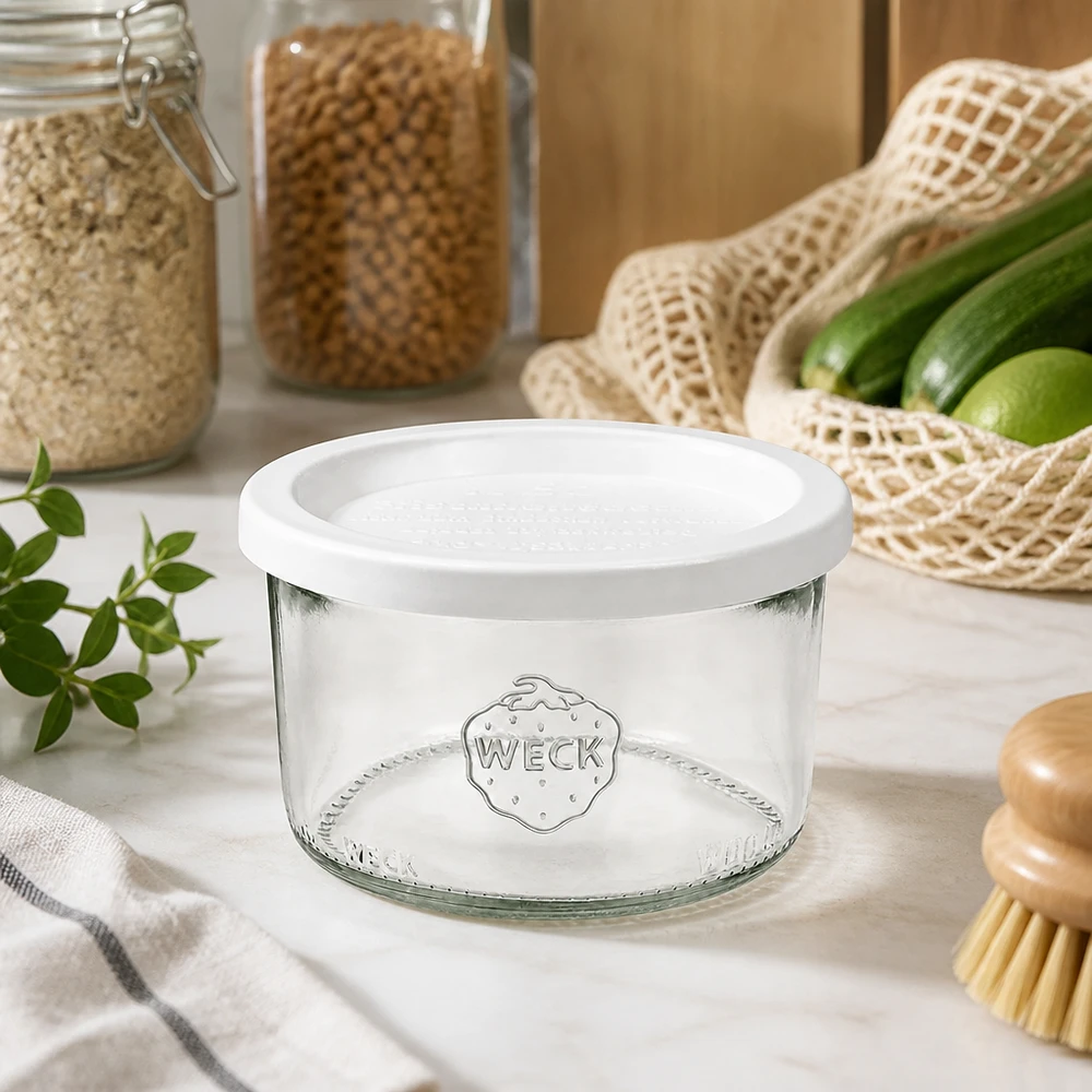 Frasco de vidro WECK 200ml RR80 com tampa branca de frescura na cozinha sustentável com legumes biológicos e utensílios de arrumação