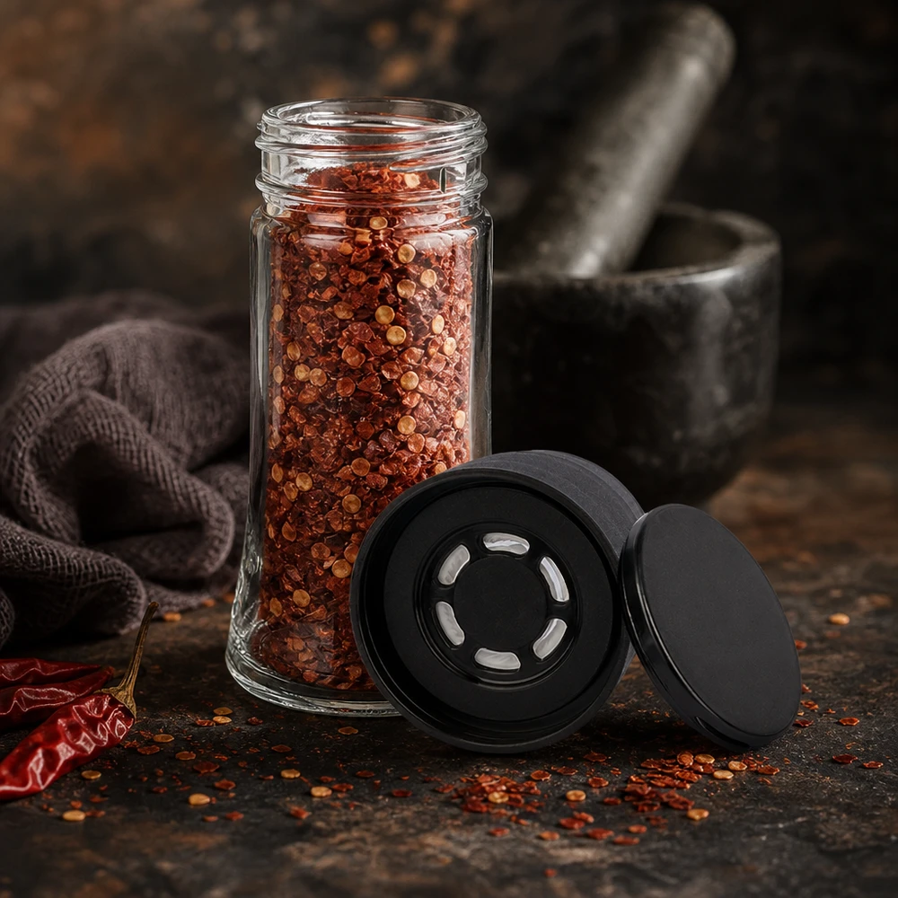 Frasco para sal/especiarias de 95 ml com moinho (grão grosso), preto Frasco de especiarias de 95 ml com moinho de pimenta preto, cheio de flocos de malagueta, num fundo rústico