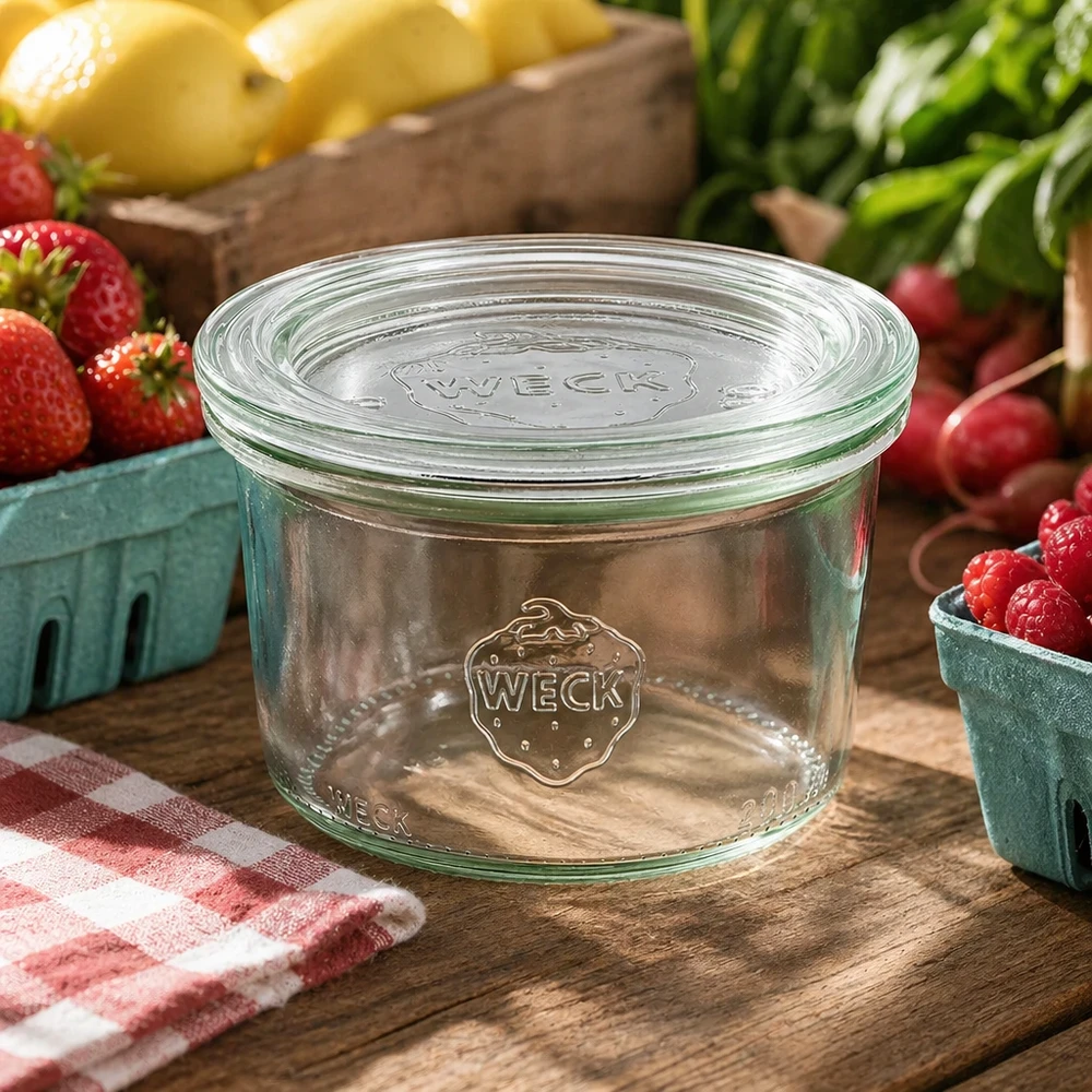 Frasco de conserva WECK 200 ml RR80 num ambiente de cozinha natural decorado com frutas e legumes frescos
