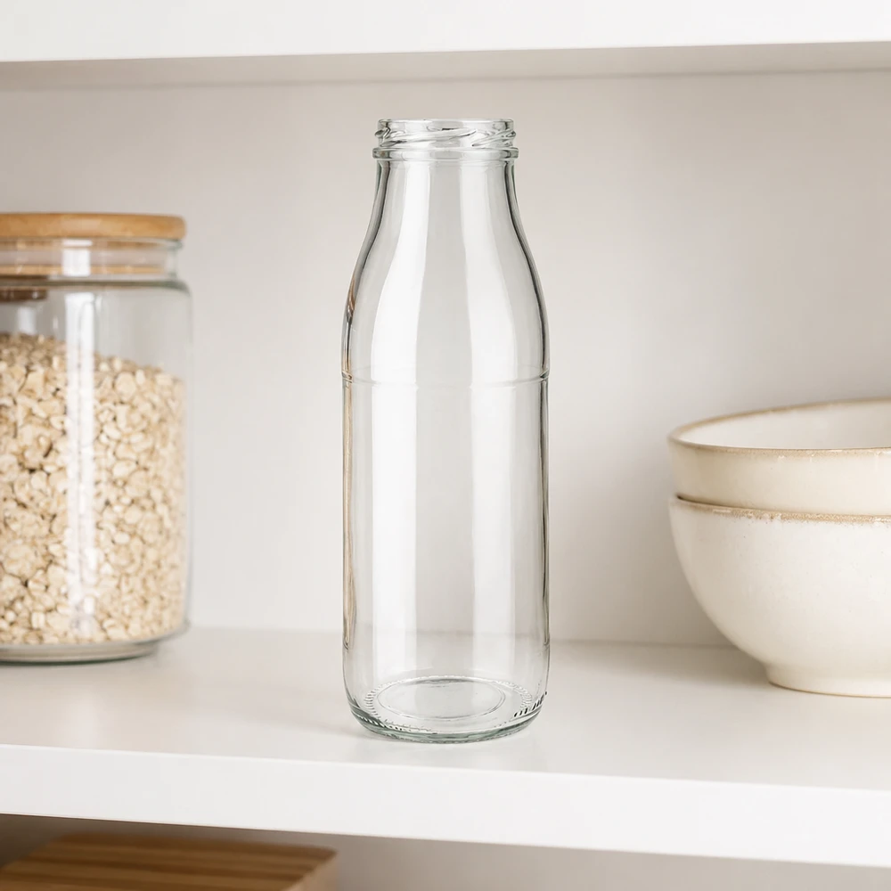 Frasco de vidro de 500 ml sem tampa (TO48) UNiTWIST Garrafa de vidro de 500 ml TO48 UNiTWIST sem tampa na prateleira branca da cozinha ao lado da taça de cereais e do frasco de arrumação