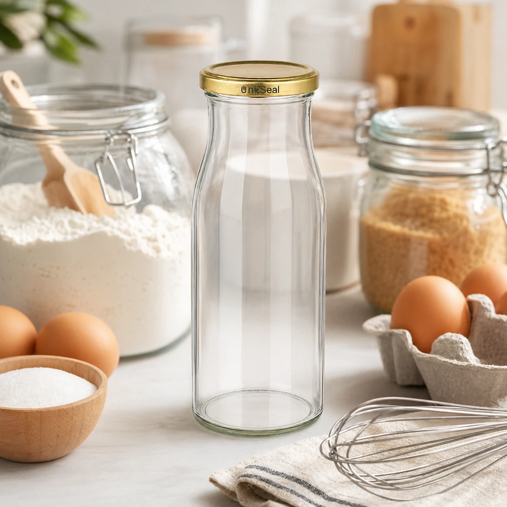Garrafa de vidro UNiTWIST 150ml vazia na bancada da cozinha com ingredientes de pastelaria ovos farinha batedor tampa dourada