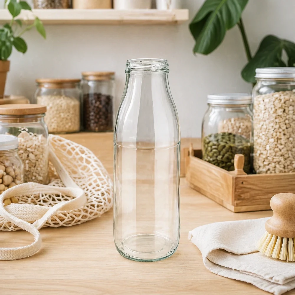 Garrafa de vidro de 500 ml TO48 UNiTWIST vazia em cozinha sustentável sem desperdício com frascos de arrumação e fibras naturais