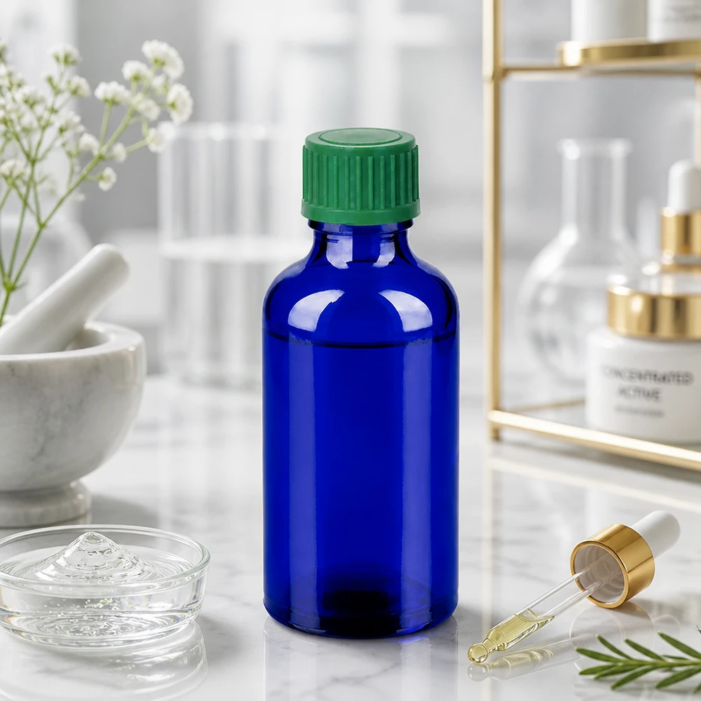 Frasco conta-gotas compacto de 50 ml com abertura de 0,8 mm, ideal para aplicações laboratoriais e farmacêuticas