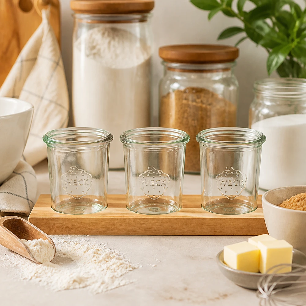 Copos Weck de 160 ml vazios numa tábua de servir em bambu Plano3 na cozinha com ingredientes de pastelaria, farinha e manteiga