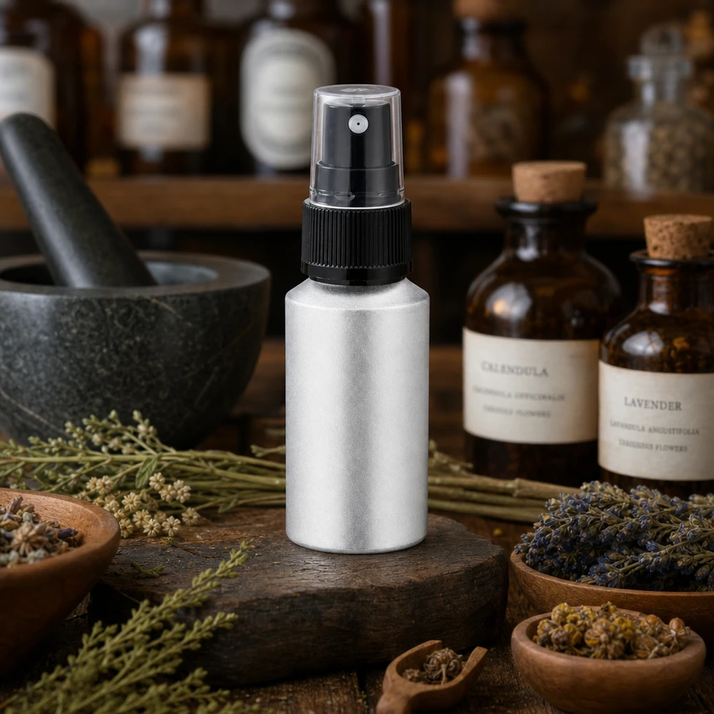 Frasco compacto de alumínio de 30 ml com atomizador, perfeito para viajar e estar em movimento