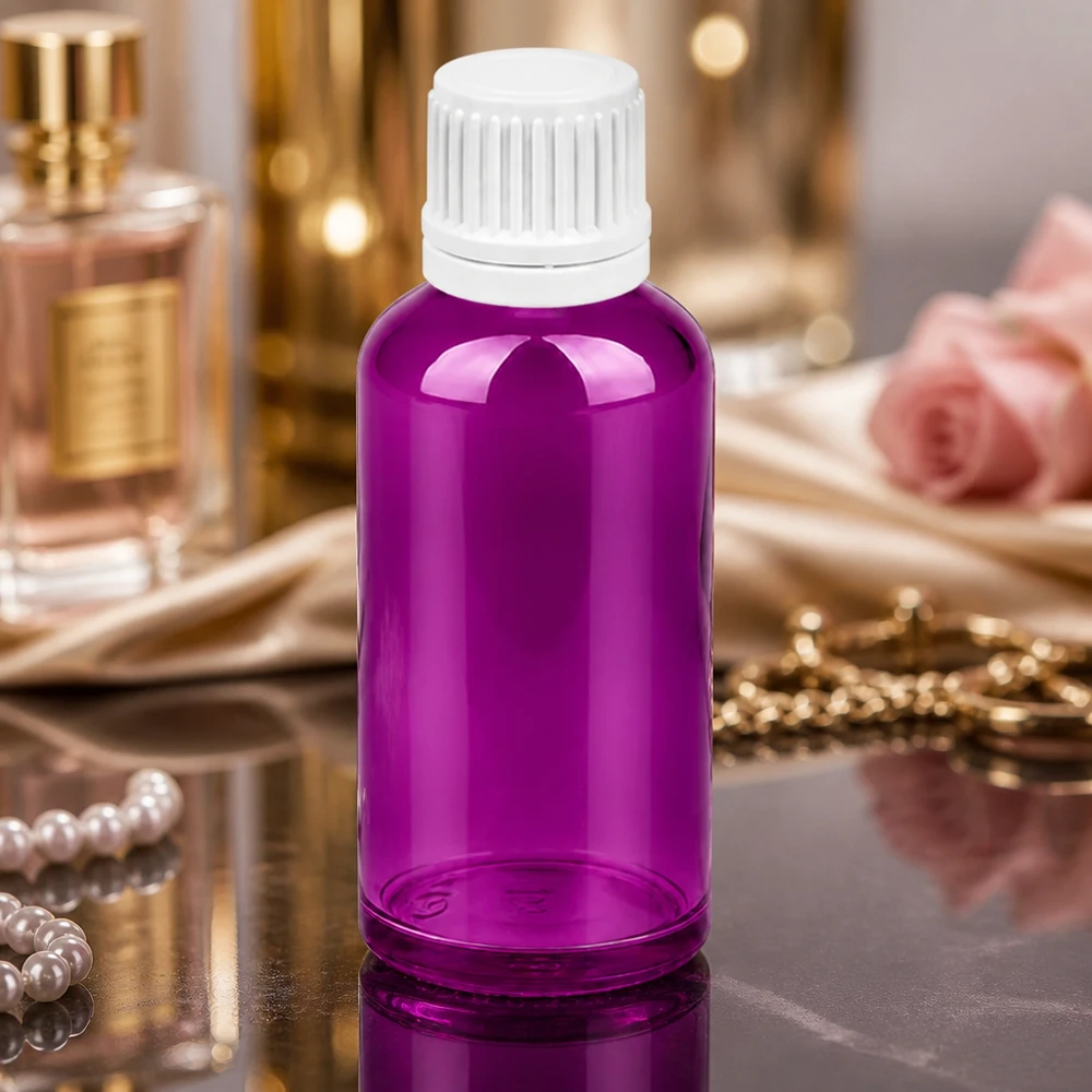 Frasco conta-gotas de 50 ml com tampa de rosca Originality branca de 0,7 mm PurpleLine UT18/50 Frasco conta-gotas elegante de 50 ml em design roxo com tampa branca para beleza e bem-estar