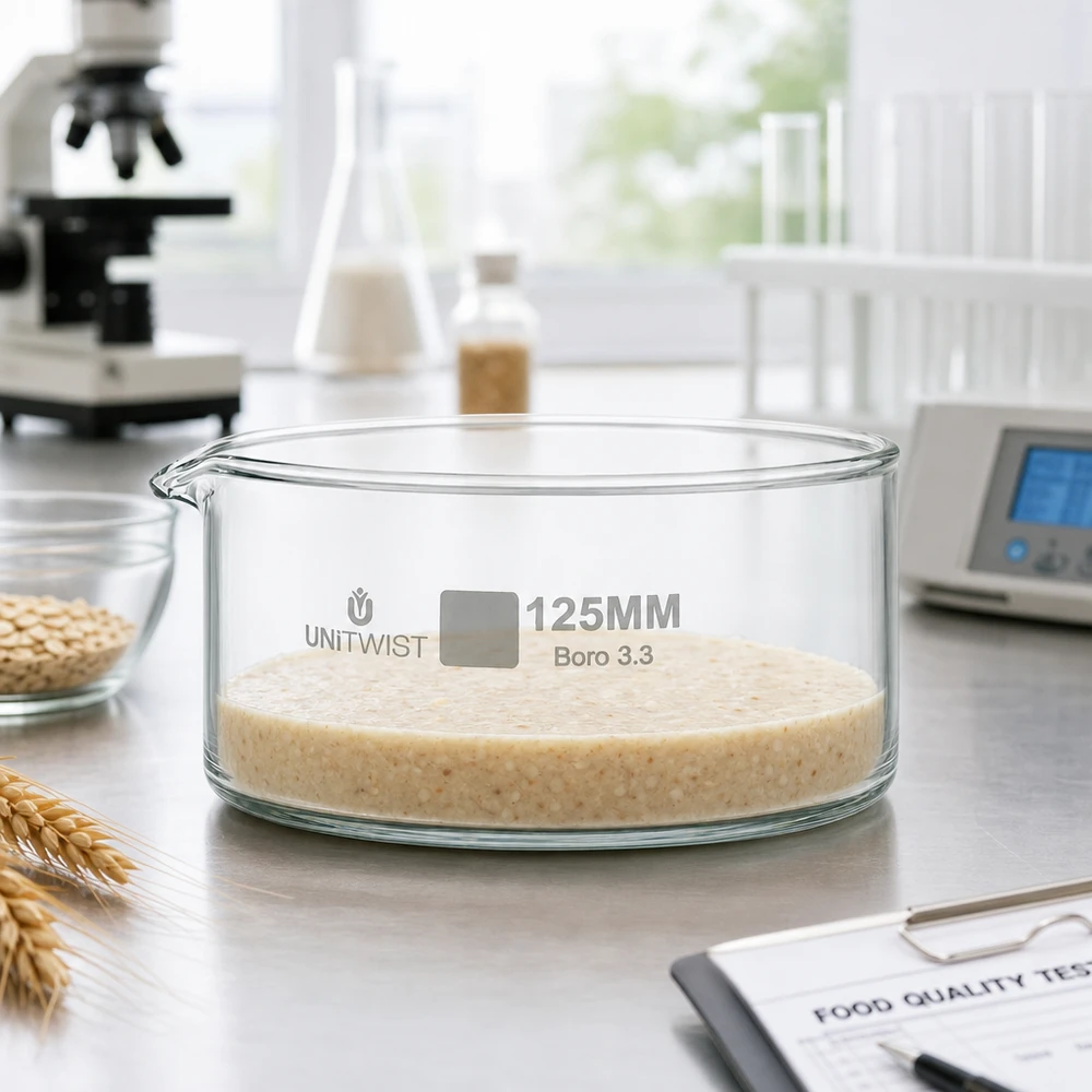 Prato de cristalização ø125mm em vidro borossilicato UNiTWIST Taça de cristalização de 125 mm UNiTWIST Boro 3.3, cheia de papas de cereais, durante um teste de qualidade alimentar em laboratório