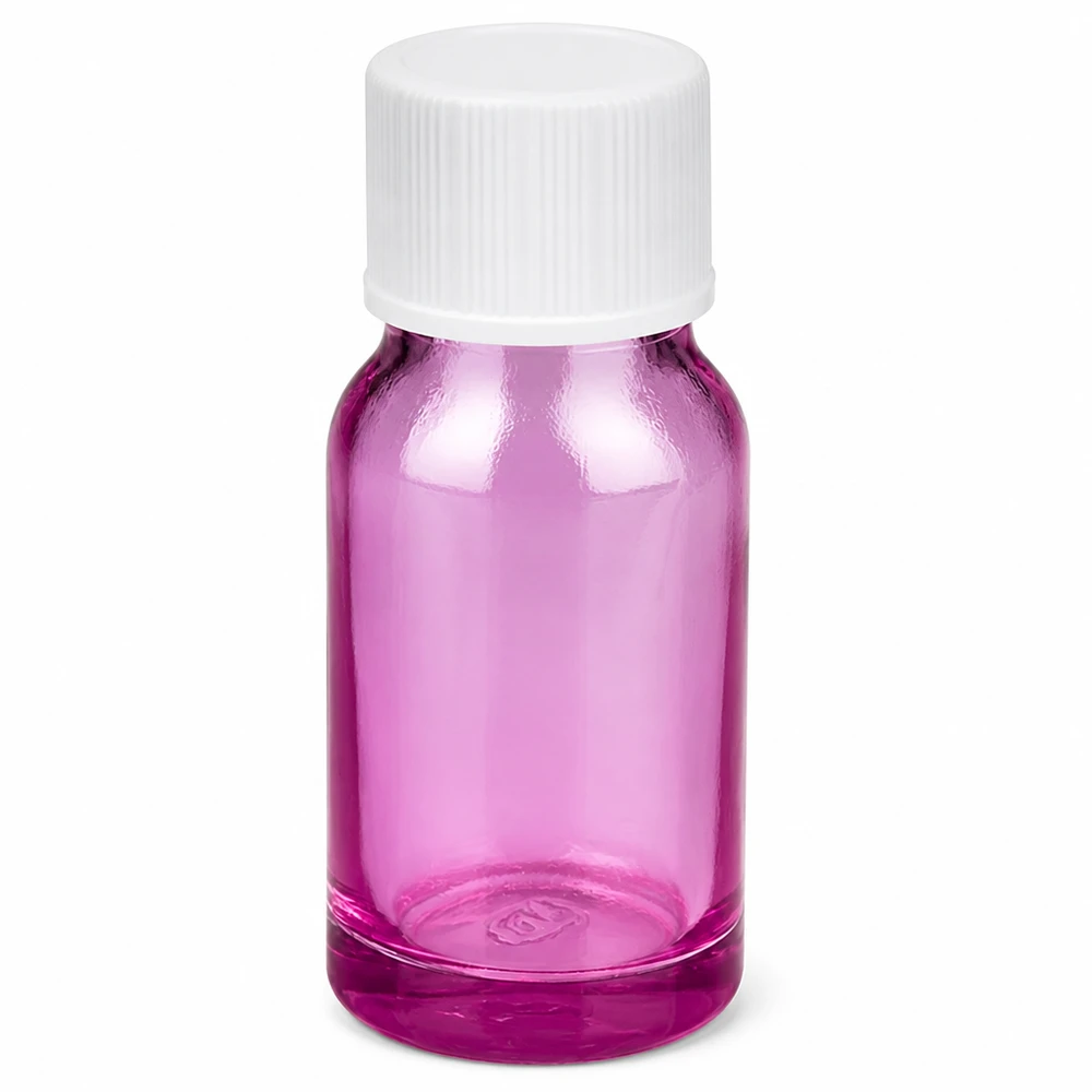 Frasco de vidro de 10 ml em violeta com tampa de rosca branca para óleos essenciais e cosméticos