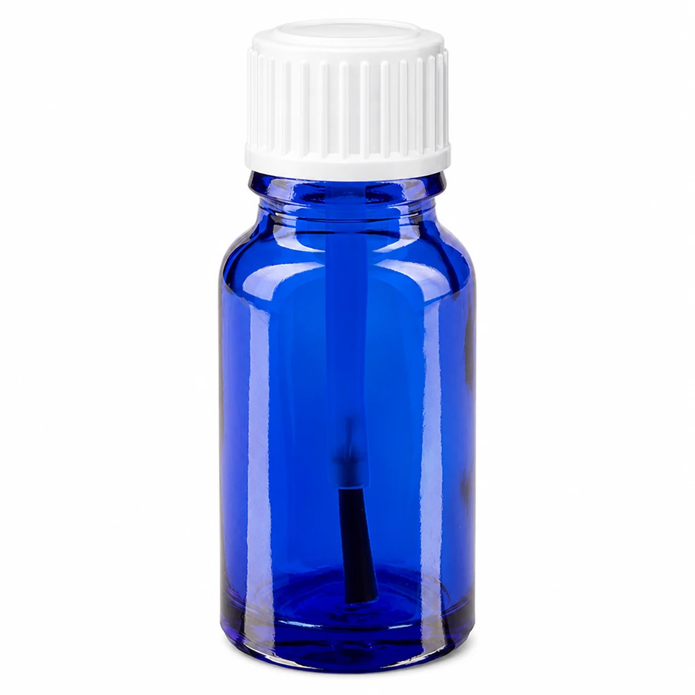 Frasco de vidro azul de farmácia de 10 ml com tampa branca com pincel para uma aplicação precisa