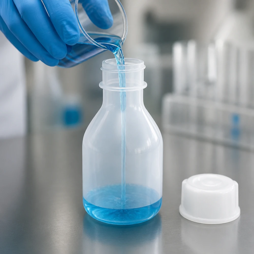 O líquido azul é vertido num frasco de PE transparente de 20 ml, de gargalo estreito e com tampa branca