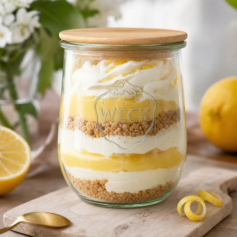 Frasco de tulipas WECK RR100 1062ml com tampa de madeira como frasco de sobremesa com creme de limão e granulado dispostos de forma decorativa