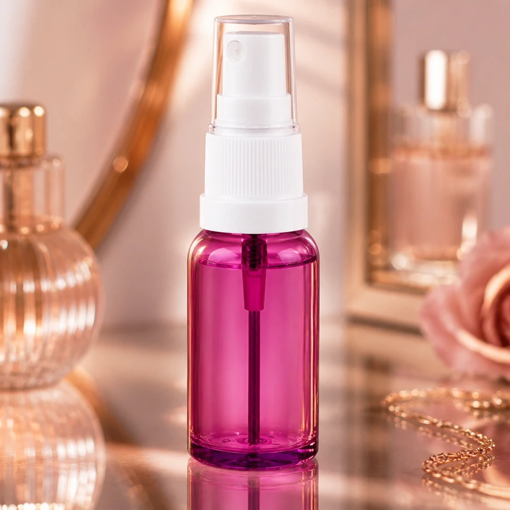 Frasco de spray de 20 ml de alta qualidade feito de plástico transparente com um elegante design roxo