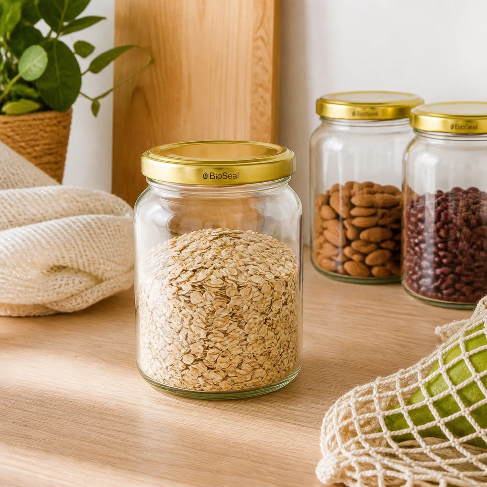 Frascos de armazenamento UNiTWIST Runda408 com tampas douradas BioSeal cheios de farinha de aveia e nozes numa cozinha sustentável