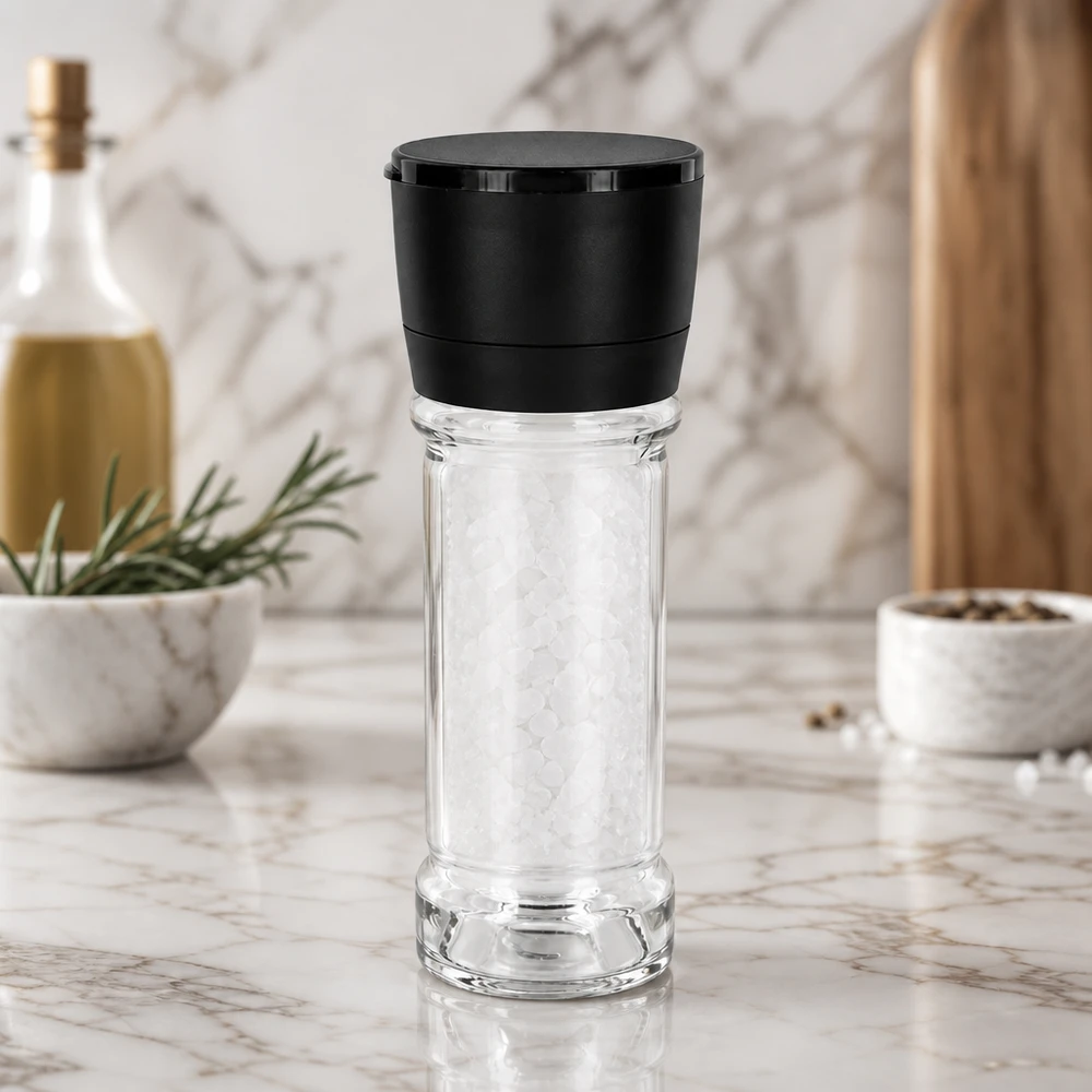 Copo de sal de 100 ml com moinho preto Vario sobre uma superfície de mármore branco, cheio de sal marinho grosso