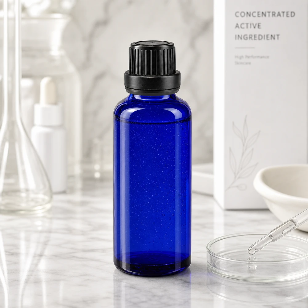 Frasco de farmácia azul de 30 ml com conta-gotas de 2 mm para concentrados e princípios ativos de cuidados da pele