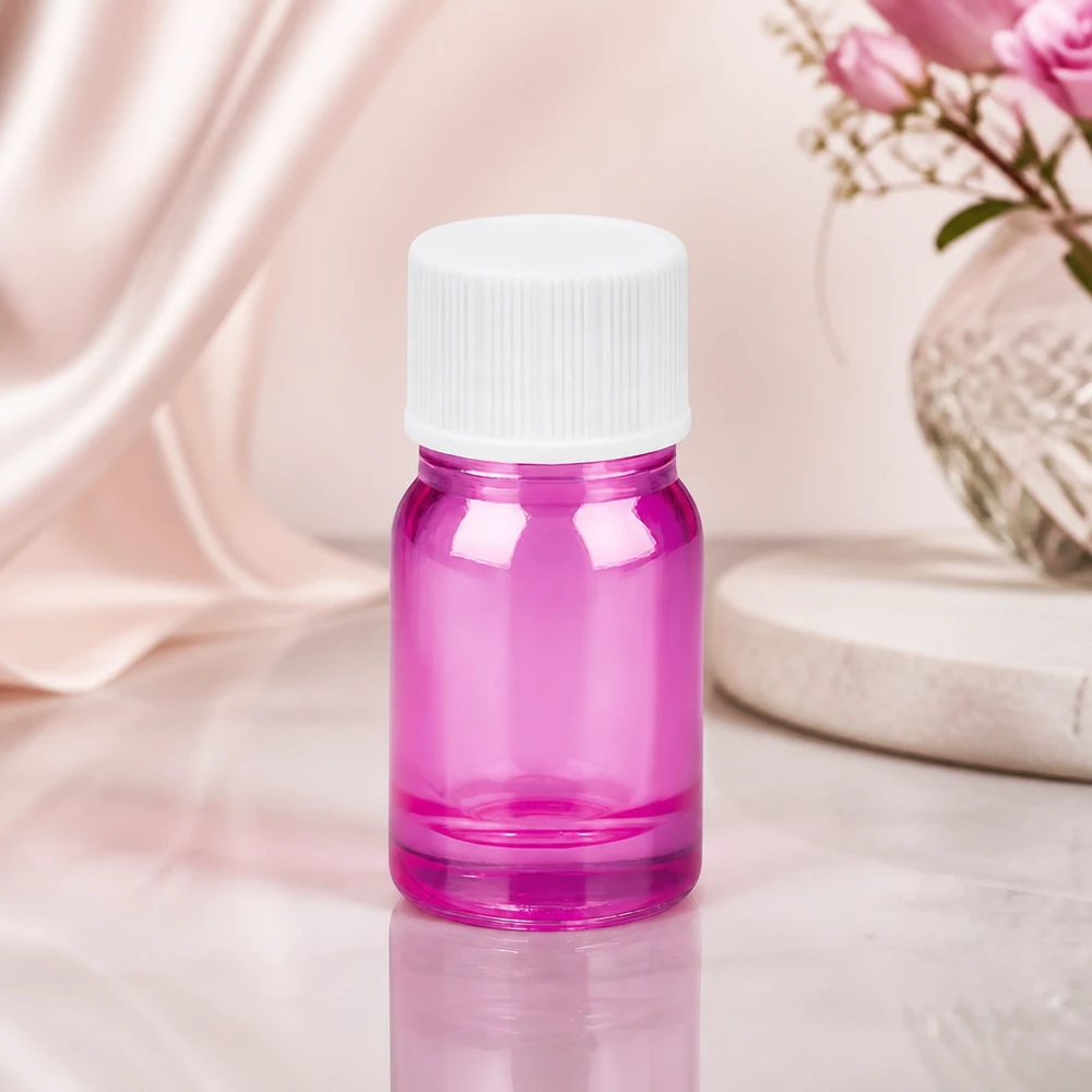 Frasco de vidro premium de 5 ml em roxo elegante com tampa branca para produtos cosméticos de alta qualidade