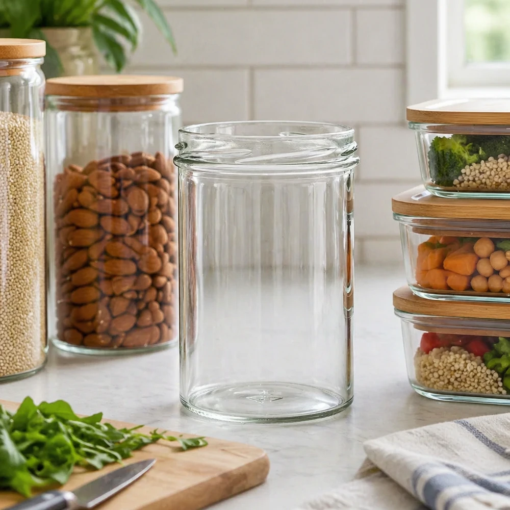 Copos de vidro de 435ml sem tampa (TO82) UNiTWIST Copos vazios de 435 ml numa cozinha moderna entre frascos de arrumação cheios de frutos secos e legumes