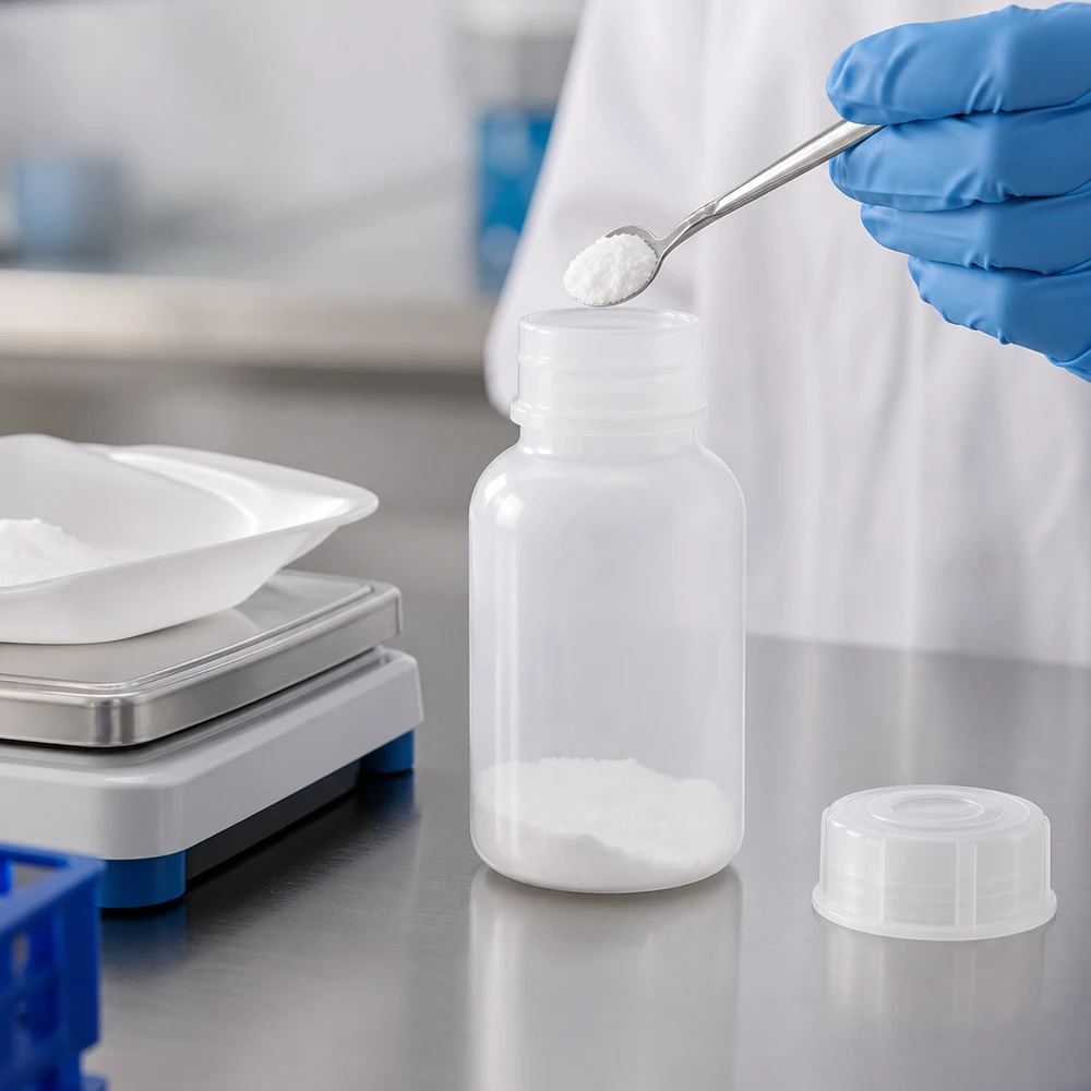 Frasco de laboratório de 100 ml com gargalo largo e tampa de rosca Frasco de laboratório de gargalo largo de 100 ml com tampa de rosca, durante o enchimento com pó branco no laboratório
