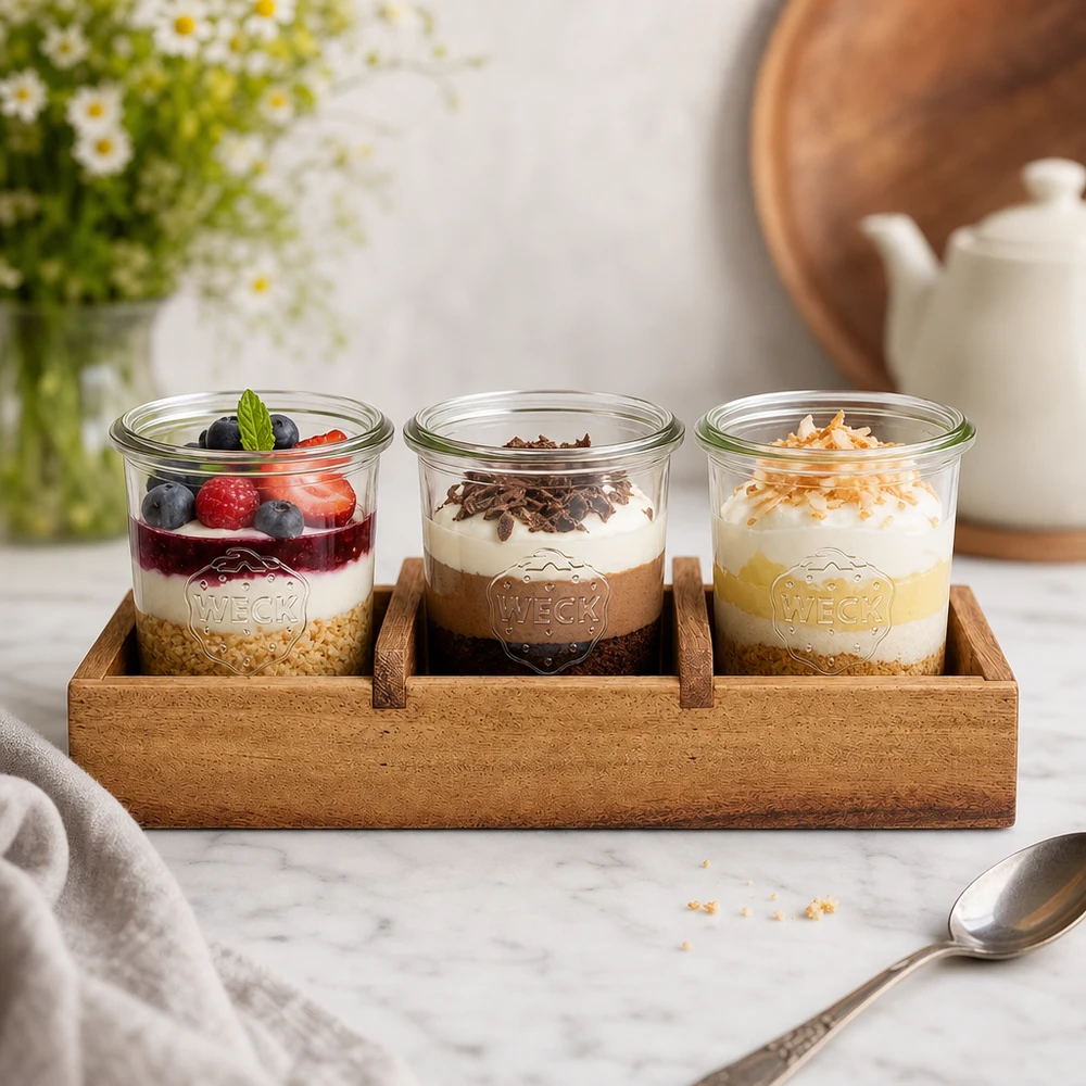 Tábua de servir em madeira de acácia Box3 com três frascos WECK para sobremesa iogurte bagas chocolate coco apresentação de cozinha