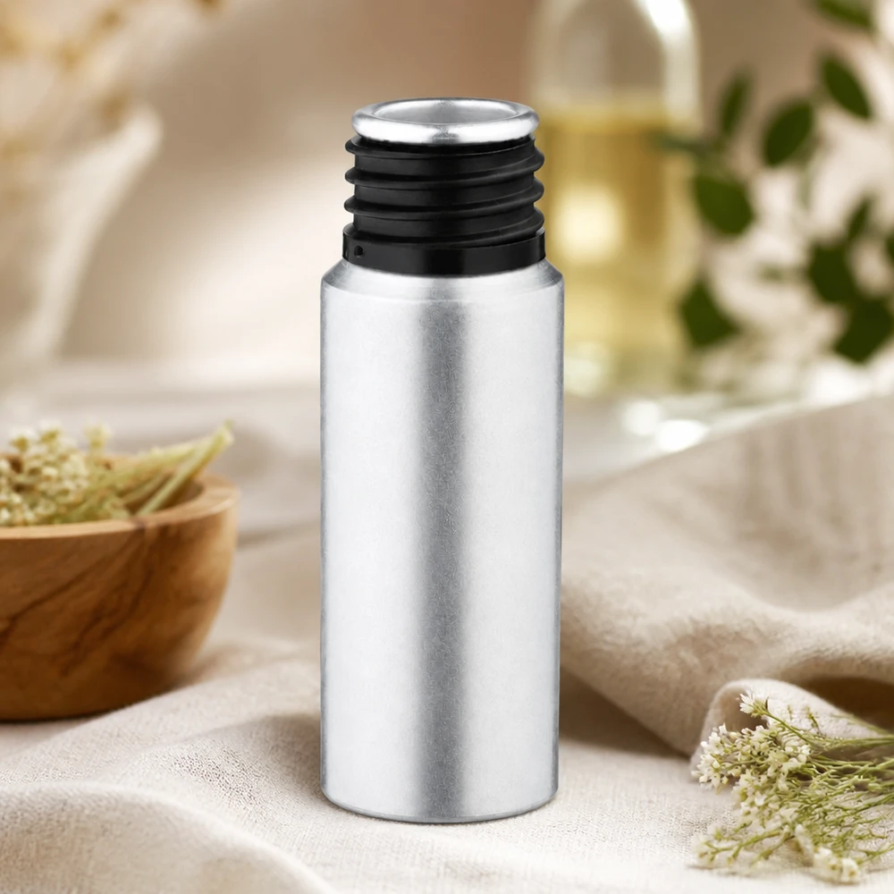 Frasco cilíndrico de 20 ml em alumínio decapado com superfície lisa e design ergonómico