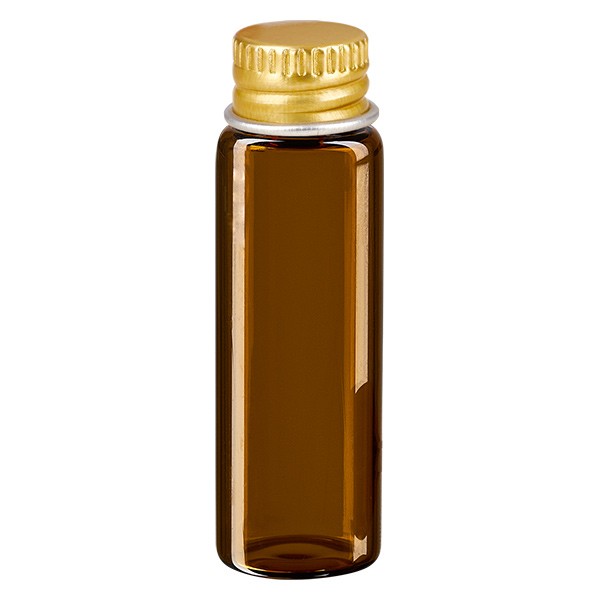 Mini frasco de vidro de 5ml castanho com tampa metálica dourada UNiTWIST Mini frasco de vidro de 5ml castanho com tampa metálica dourada UNiTWIST
