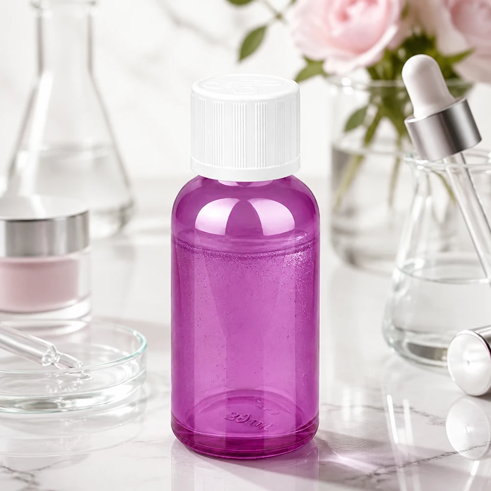 Frasco de 30 ml com tampa de rosca de 11 mm branca padrão resistente a crianças PurpleLine UT18/30 Prático frasco de vidro de 30 ml em violeta com abertura de 11 mm para facilitar o enchimento e a dosagem