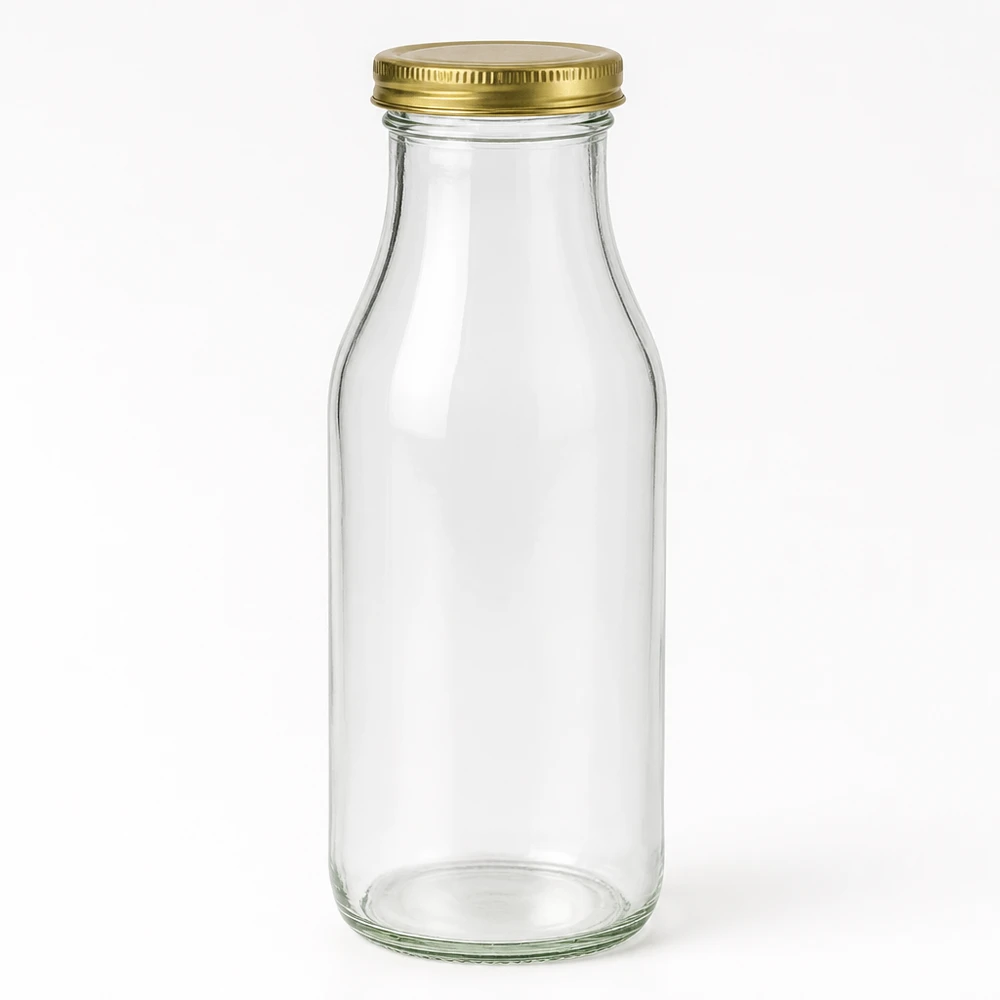 Frasco de vidro vazio UNiTWIST Bottle263 com tampa de rosca dourada TO43 BioSeal sobre um fundo branco